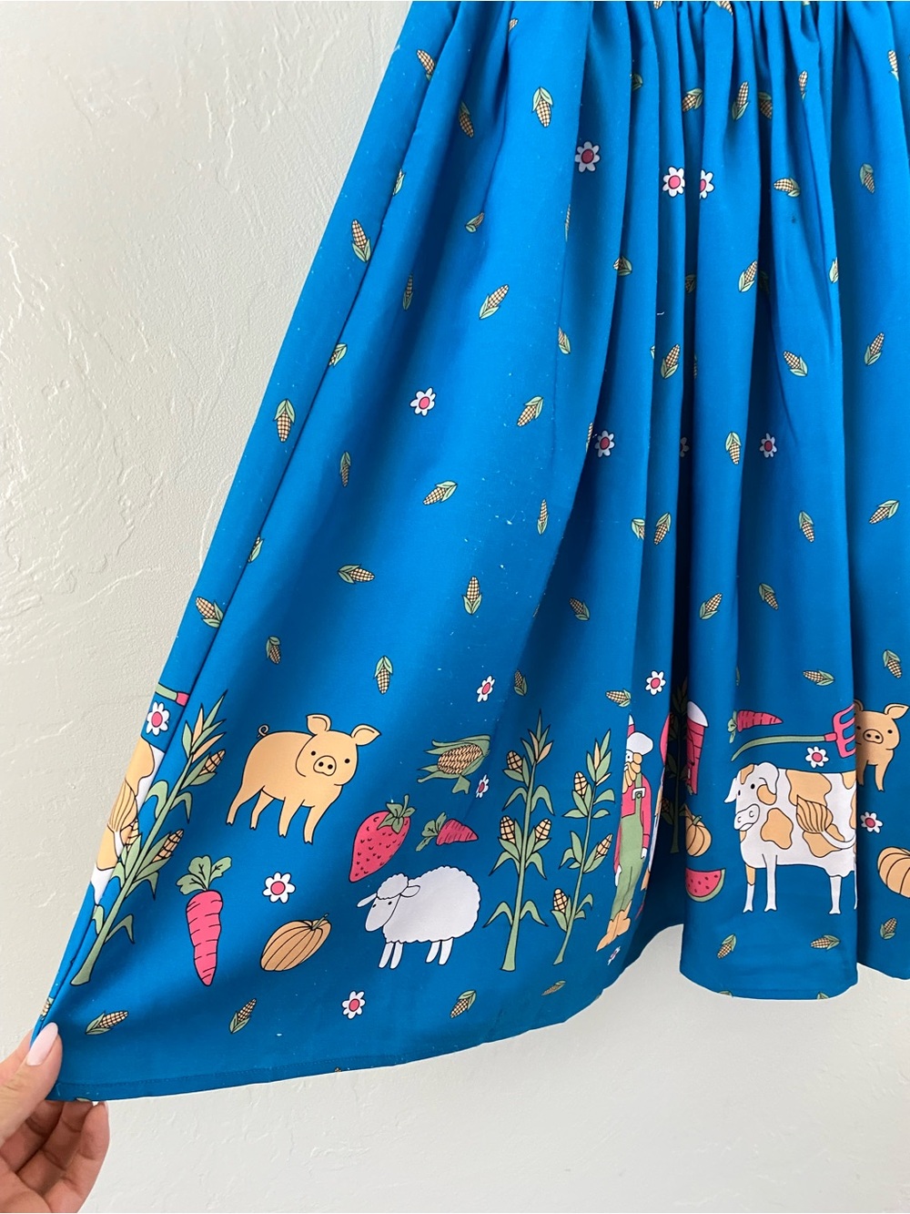 Unique Vintage Size Small Teal Blue Fall Farm Graphic Print Full Midi Dress - Picture 3 of 6